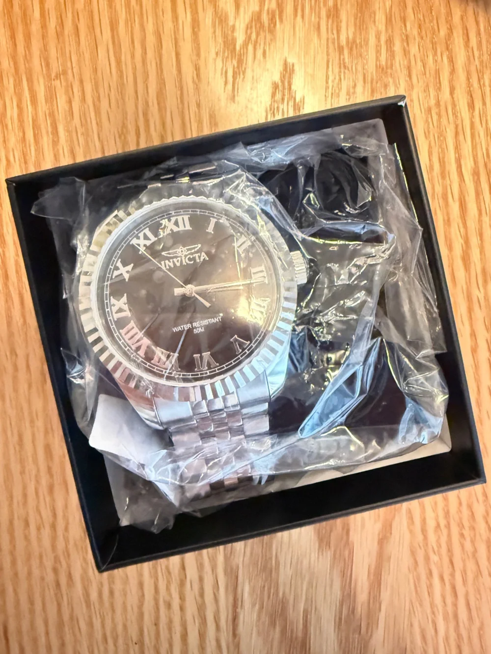 Invicta Men’s Silver Tone Watch Black Dial Roman Numerals NIB